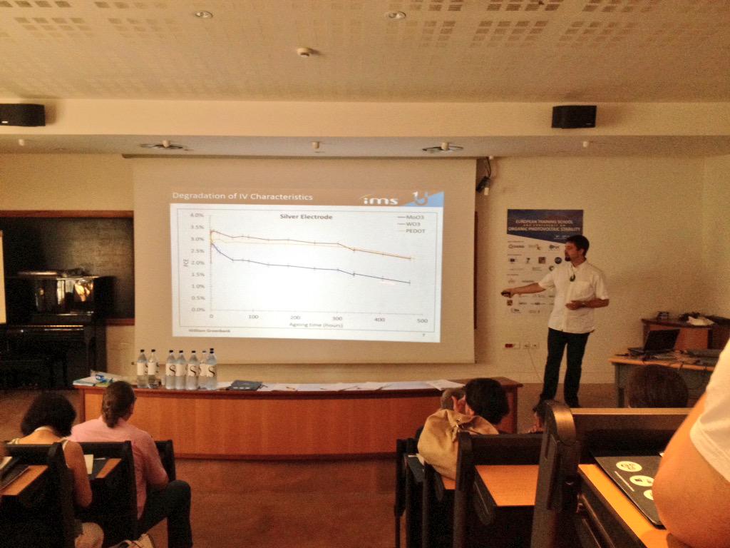ProjectEstablis's tweet photo. Greenbank William (@univbordeaux) presentation at #ESOS. #thermalStability #interfaces #degradation #OPV http://t.co/rmMacNvMUD