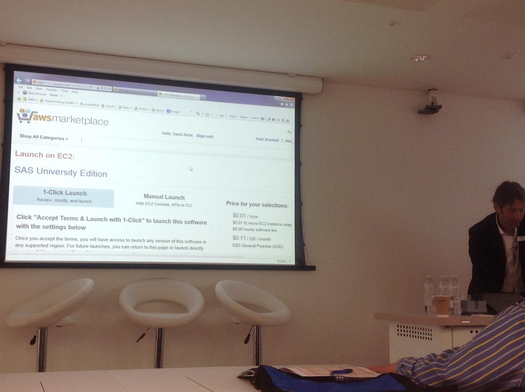 HomesAtMetacoda's tweet photo. Davis Annis talks @SASsoftware and (the) Cloud. Live deployment of #SAS University Ed @ #SASForum via @AmazonMarketPl http://t.co/h2Xh9WCp77