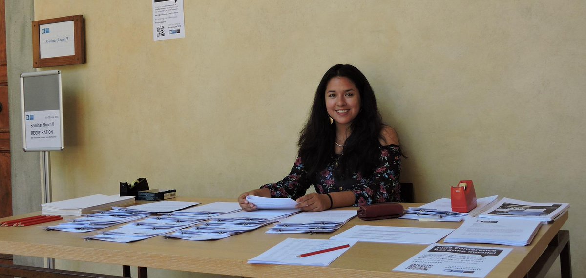 EUI_MWProgramme's tweet photo. Claudia handling the registration desk at the #mwpjune2015! A smiling day for everyone at the #maxweberprogram http://t.co/4ArLtf3LBv