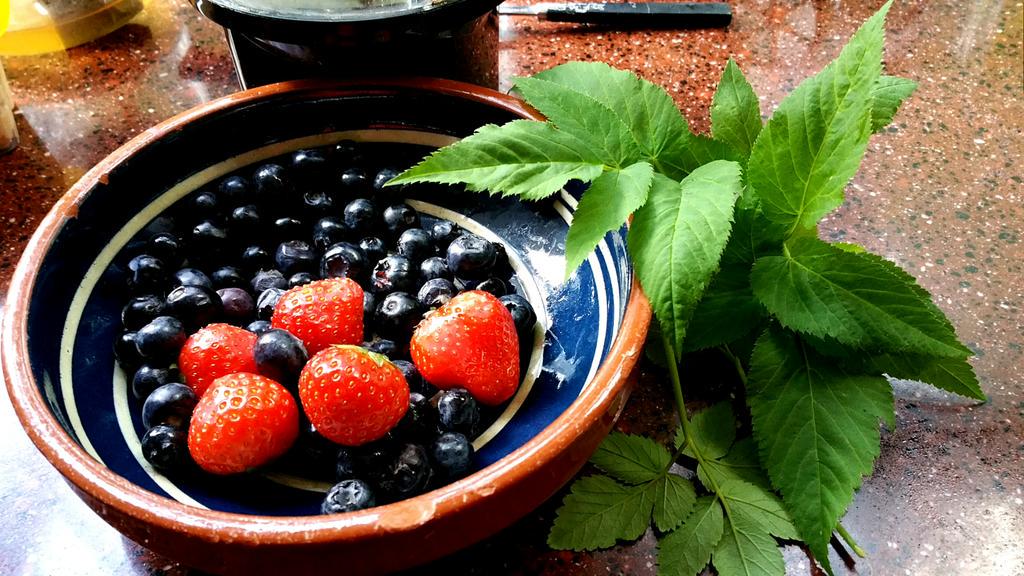 #vega #smoothie time: #zevenblad uit de #tuin, #aardbei, #bosbes, #havermout, #havermelk.