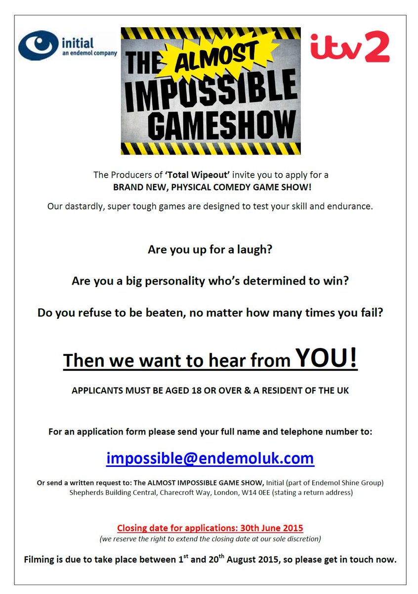<a href="/famecastinguk/">Fame Casting</a> RT?looking for contestants for a new, physical game show! heading to Manc and Birm for auditions soon