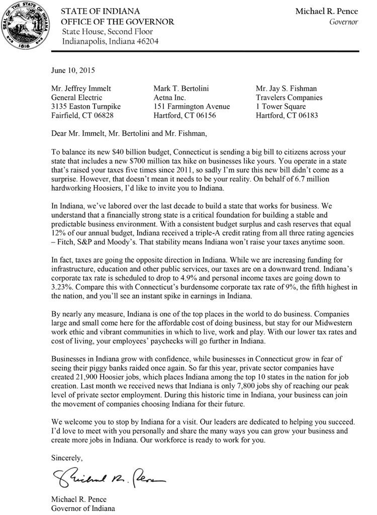 Indiana_EDC's tweet photo. W/ Connecticut’s looming tax hike, @GovPenceIN personally invites @GeneralElectric, @Aetna &amp; @Travelers to #Indiana. http://t.co/T2gasQ88tC