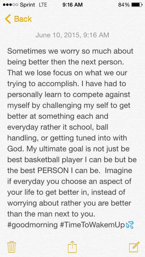 Cjennings_13's tweet photo. Message of the day: COMPETE with YOURSELF to be the best athlete and person you can be ๐๐ฝ๐ฏ #TimeToWakemUp ๐ฆ http://t.co/wdlBjxFyOK