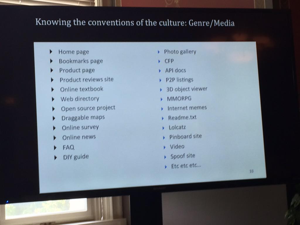tjowens's tweet image. .@dmrussell offers the start of a list of genres of web forms with their own idioms #NDSR