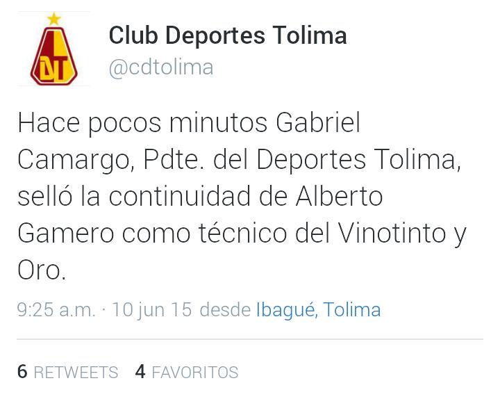 tolimateamo's tweet photo. Festejamos como un gol la continuidad del profesor Alberto Gamero frente al Vinotinto y Oro. ¡Vamos que vamos! http://t.co/gvd017r0bm