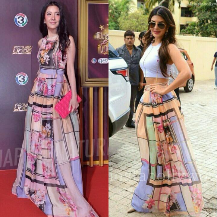 Rayhanluv's tweet photo. Who wore @AlbertaFerretti skirt better? #jacquelinefernandez and #nuneworanuch in #albertaferretti @Asli_Jacqueline http://t.co/Yf8Z4YXOn8
