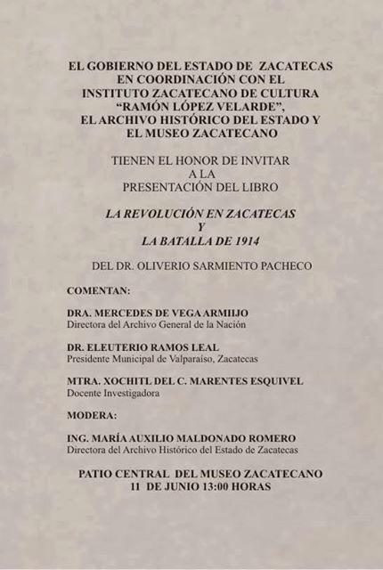 ParnasoCultura's tweet photo. El Archivo Histórico invita a la presentación del Libro 'La Revolución en Zac' 11 Jun #NoFaltes @MuseoZacatecano 1pm http://t.co/8Em5FbBs9b
