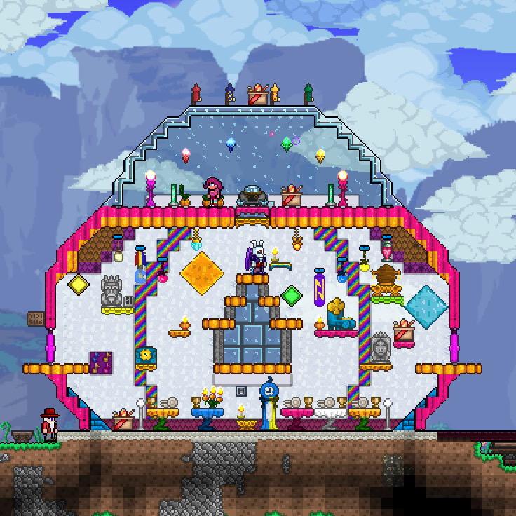 兎菱 Terraria 今日の建築 パーティーガールの家 夜になると石像使って住民達が 強制的に 呼び出されます 部屋で花火アブナイ 住宅地の中でも異彩を放っております テラリア Terraria Http T Co 1qrh9j0z5m