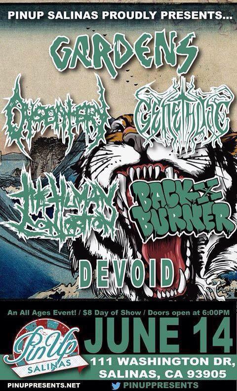 PinUpPresents's tweet photo. TOMORROW in Salinas @gardens831, @DysenteryGrind #Genethliac @THContortion @backxburner &amp; @devoiddoom HOUSE SHOW! RT! http://t.co/EBGgk0jn2S