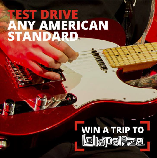 Fender's tweet photo. Test Drive an #AmericanStandard guitar: WIN a trip to @lollapalooza &amp; a T-shirt when You enter http://t.co/DbN1Vxi0q2 http://t.co/DCMPJEcmC9