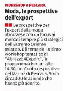 #moda L'Abruzzo incontra l'Oriente: domani a #Pescara il workshop di #Abruzzo4Export <a href="/cittaquotidiano/">La Citta</a> <a href="/Il_Centro/">Il Centro</a>