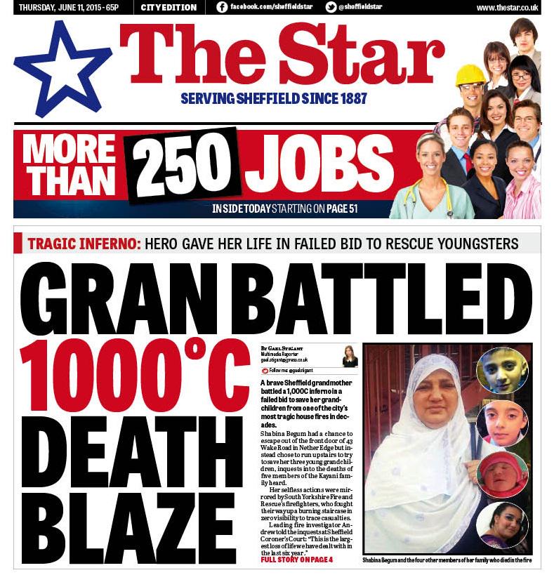 Tragic gran battled temperatures of 1000c as she tried to save her family from fire. Here is Thursday's front page.