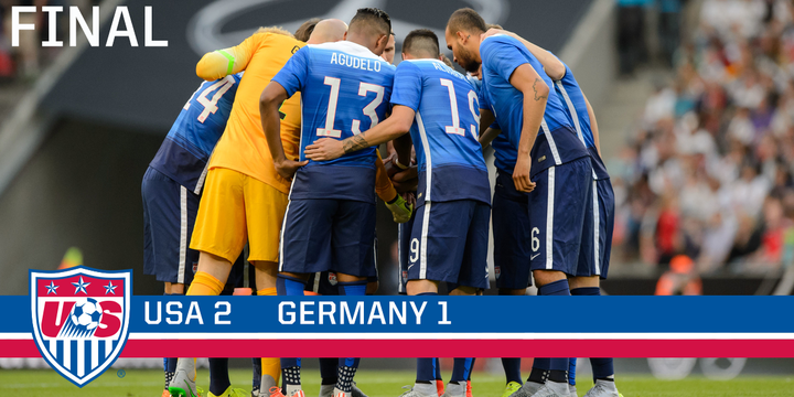 USMNT's tweet image. FINAL: USA 2, GER 1. The #USMNT takes down the World Champs in Germany. Total team effort. #OneNationOneTeam