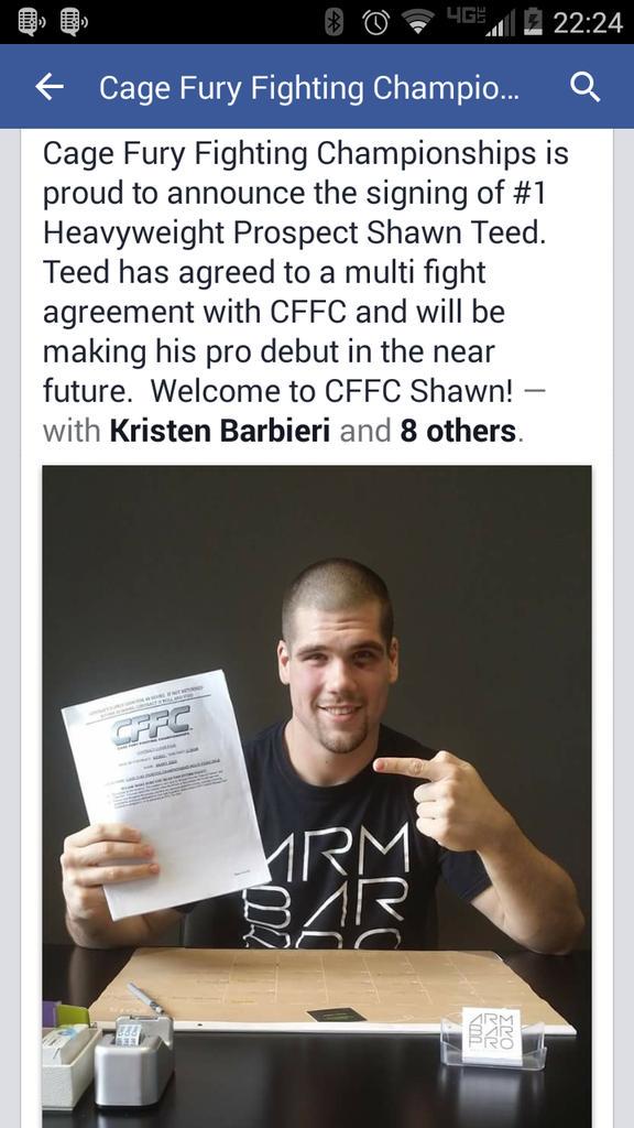 KimberlyTeed's tweet photo. "@CFFCMMA: Cage Fury Fighting Championships is proud to announce the signing of #1 Heavyweight Prospect Shawn Teed. http://t.co/7iQcQt7tQ0