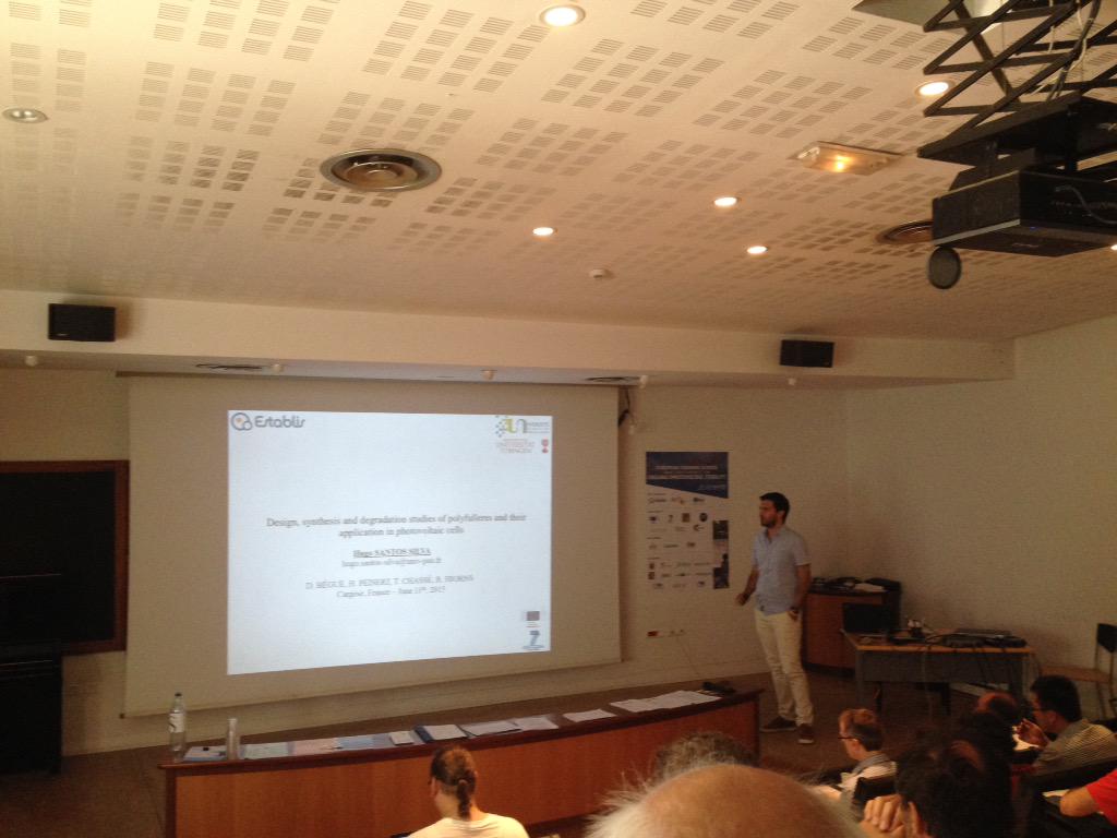 ProjectEstablis's tweet photo. #design #synthesis and #degradati in of #polyfullerene for #OPV ... Talk by Santos Silva  from @universite_uppa #ESOS http://t.co/wzaX1iQD6O