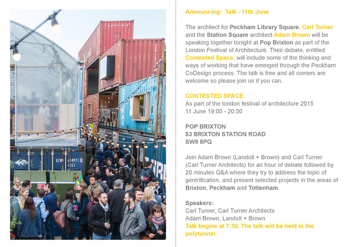Architects for Library Sq - Carl Turner + Station Sq - Adam Brown are speaking tonight at Pop Brixton as part of LFA