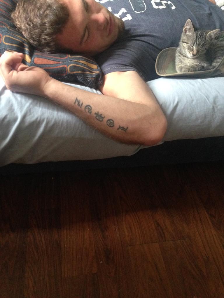 Mallory1996's tweet photo. Cody fell asleep with the kitty 😴 http://t.co/HhllDbzSrc