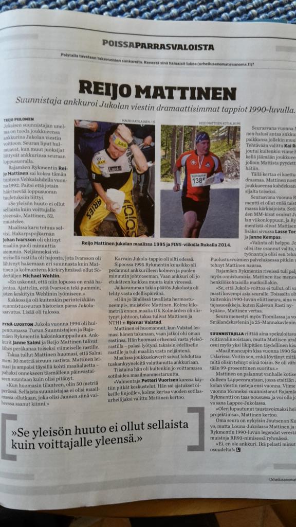 @USanomat muistelee Mattisen Rekan <a href="/JukolanViesti/">Jukolan viesti</a> ankkurointeja. Hienoa! #respect #suunnistus