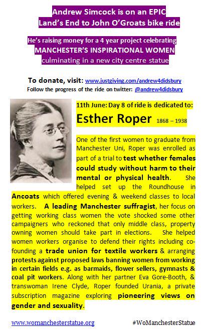 warp_weft's tweet photo. Day 8 of @Andrew4Didsbury's #Womanchesterstatue ride dedicated to #EstherRoper - defender of barmaids &amp; #LGBT icon http://t.co/FBI9UypV09
