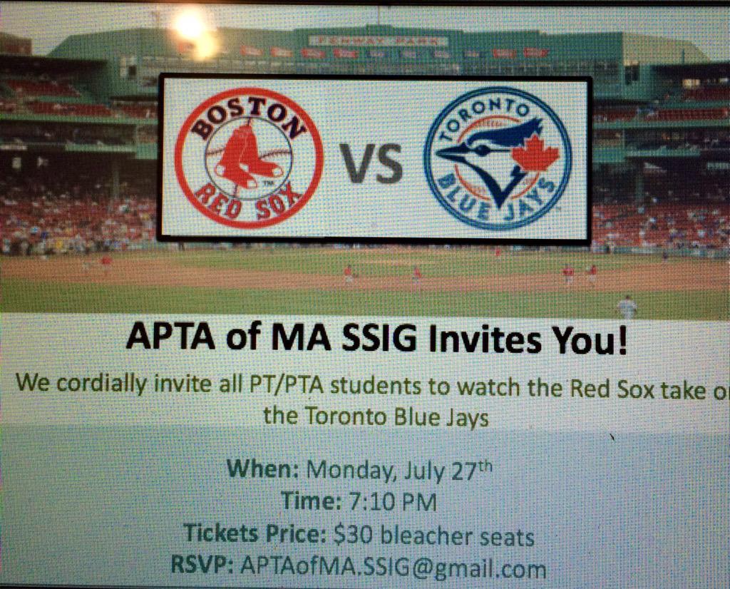 Join the MA PT students for a Red Sox Game. Email the RSVP email below to get your tickets today! #dptstudent #APTA