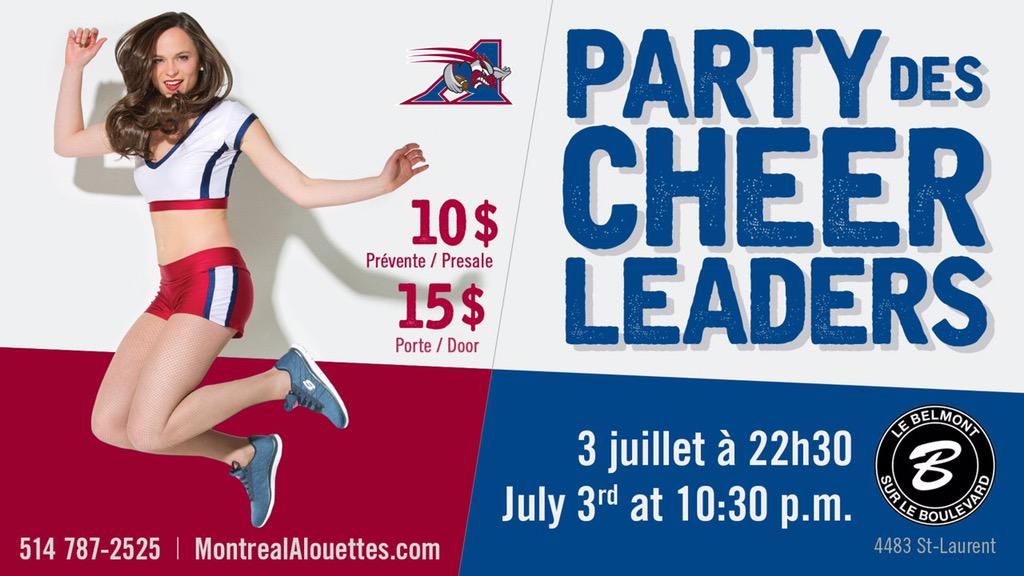 AlsCheerleaders's tweet photo. Réservez votre soirée du 3 juillet après le match et venez faire la fête avec nous au @LeBelmont #PartyAnnuel #AlsMTL http://t.co/6sl9novVue