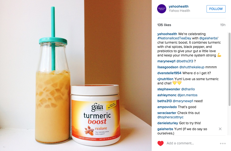 GaiaHerbs's tweet photo. #TurmericBoost + Iced Chai Tea. Yes please. Thanks @YahooHealth! What's your tasty idea to #livelifebrighter? http://t.co/ss1bTv6VUf