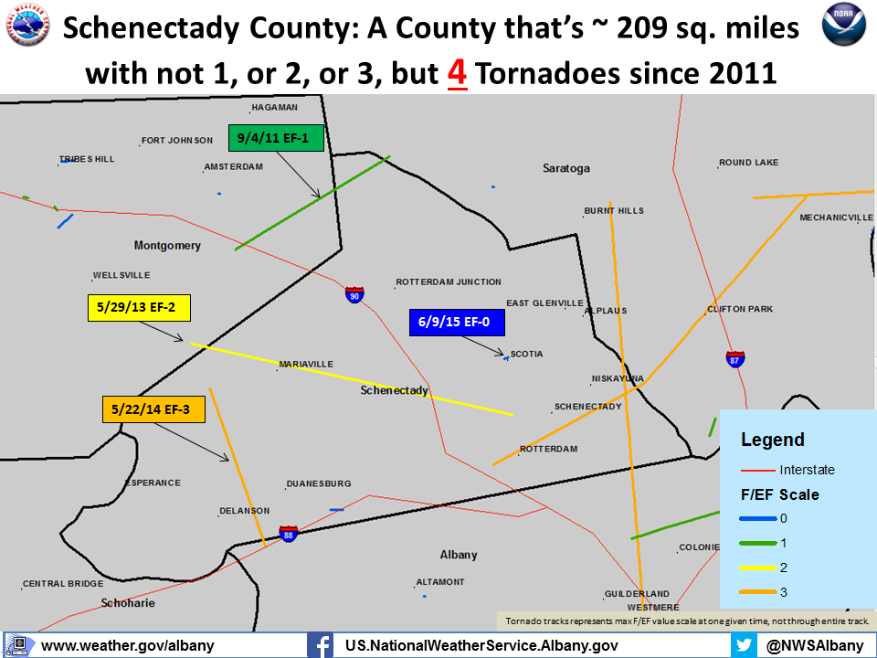 NWSAlbany's tweet photo. Tornado track map in #Schnectady County, NY since 1950. 7 tornadoes since 1950, 4 of those tornadoes since 2011 #NYwx http://t.co/TkpXuQGioH