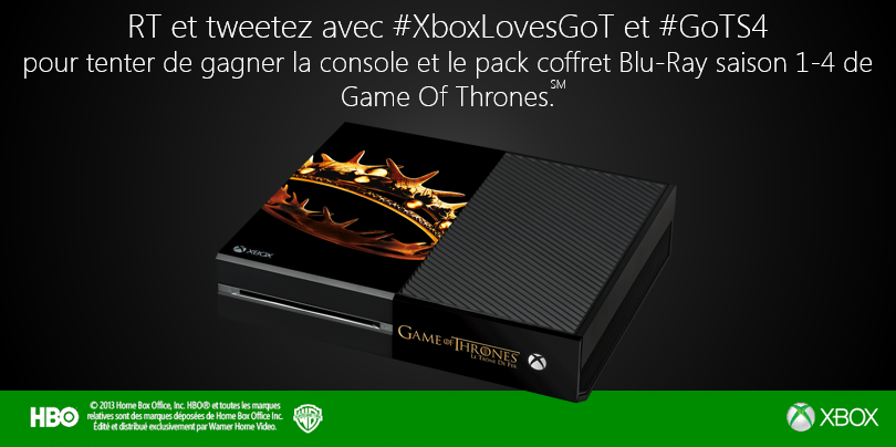XboxFR's tweet image. RT,tweetez #XboxLovesGoT #GoTS4 et tentez de gagner une console collector + coffret blu-ray S4 de #GoT @warnerbrosFR