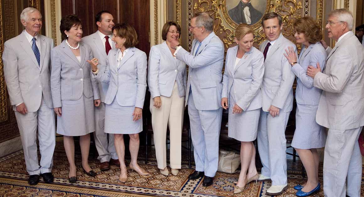 politico's tweet photo. Senators suit up for Seersucker Thursday. A look back at the tradition: http://t.co/j2EAdJlOO1 | AP Photo http://t.co/MLJwb3Q7uv
