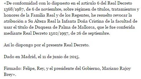sentencias_esp's tweet photo. Texto del Real Decreto que se publicará mañana en el BOE por el que el Rey retira el Ducado de Palma a su hermana. http://t.co/SVmzhXkaKx