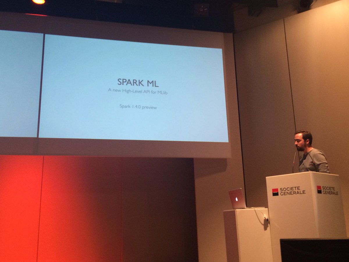 carbone's tweet image. Matthieu Blanc @XebiaFr on stage to introduce #SparkML a new High Level API for MLlib #HUGFR Paris #spark Meetup