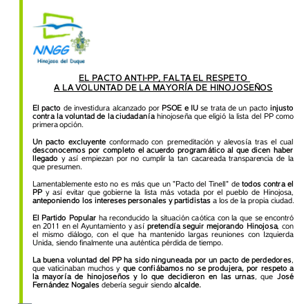 NNGGHdelDuque's tweet photo. EL PACTO ANTI-PP, FALTA EL RESPETO A LA VOLUNTAD DE LA MAYORÍA DE HINOJOSEÑOS http://t.co/XUYClCcT4e