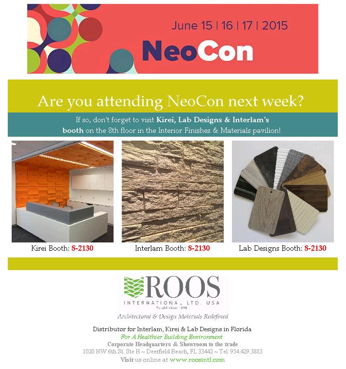 roosintl's tweet photo. Are you attending NeoCon next week? #NeoCon15 #Kireiusa #interlam #Labdesigns #InteriorDesign #architecture #millwork http://t.co/fPCAgyEJV9