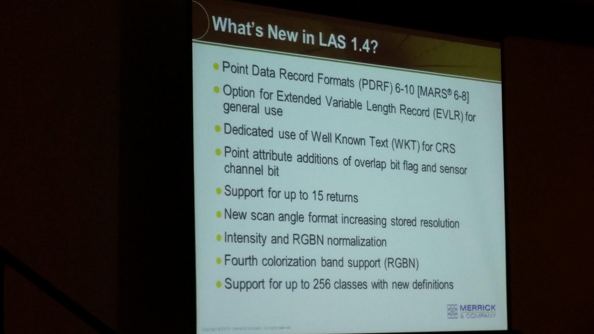 LAStools's tweet photo. Matt Bethel of @Merrick_Geo highlights new features of new LAS 1.4 #LiDAR point types at @TeledyneOptech's #ILSC2015 http://t.co/dKEWIC1lj7