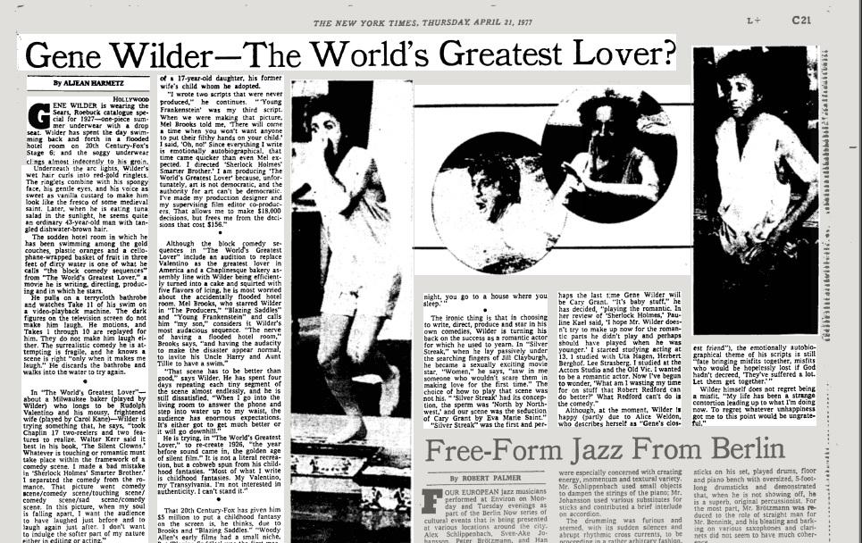 Happy Birthday, Gene Wilder! In 1977, NYT called him the World\s Greatest Lover.  