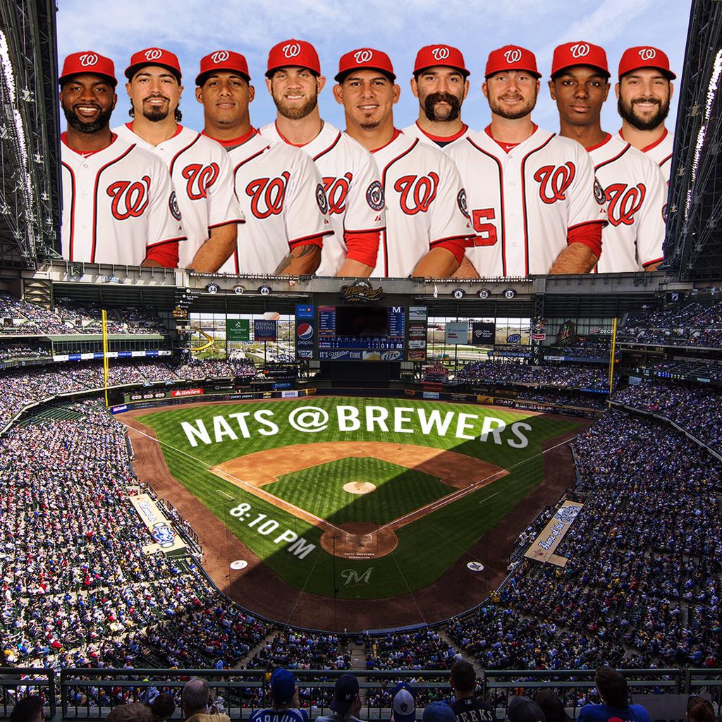Nationals's tweet photo. #Nats at #Brewers: Span CF, Rendon 2B, Escobar 3B, Harper RF, Ramos C, Espinosa SS, Robinson 1B, Taylor LF, Roark P http://t.co/OZBRDUbTXd