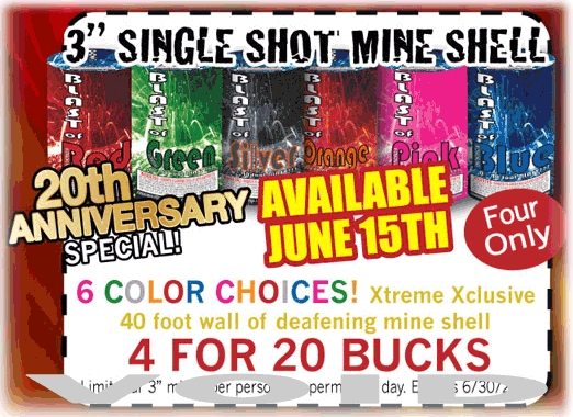 XFireworksWI's tweet photo. The last of our 20th anniversary coupon items are here! Legal limit 3" mine shells, 6 different colors only $20 for 4 http://t.co/oej3j4ctzj