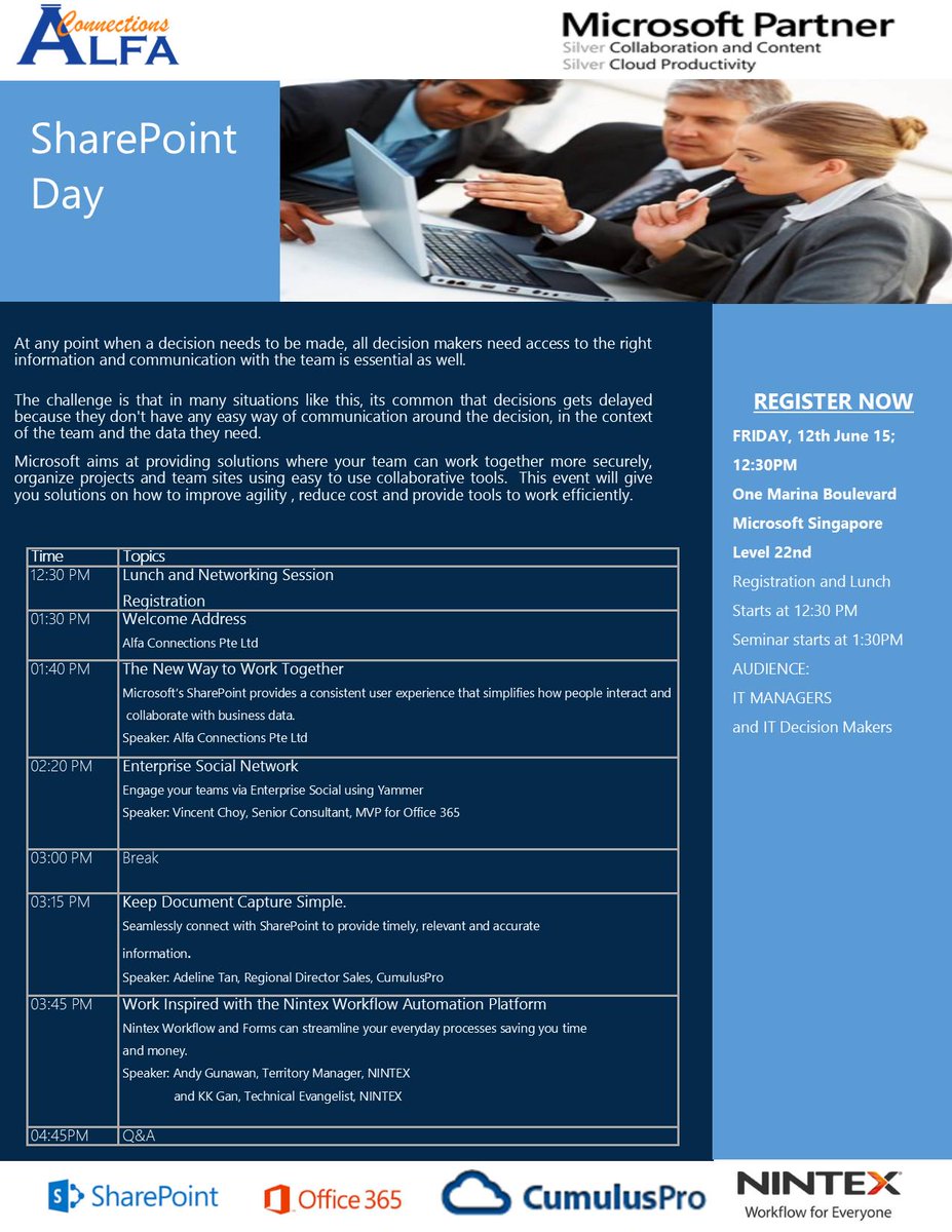 alfaconnections's tweet photo. A few more hours before our event at @Microsoft_SG. Topics will include @SharePoint @Nintex @Yammer &amp; @CumulusPro_com http://t.co/Vo7taPoiw7