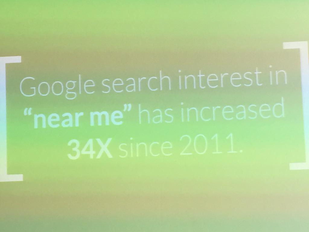 dave_schneider's tweet photo. #SIMP15 "near me" doesn't literally mean near me, means contextually local relevance is served with search result http://t.co/5v3lZ6DSew