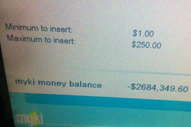 3AW693's tweet photo. Check your Myki card this morning..

This commuter found she apparently owes $2.7m
http://t.co/OfA1QU2R0e http://t.co/Gz6iJoVL0w