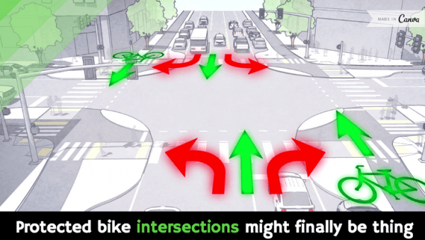 GuyKawasaki's tweet photo. Protected bike intersections might finally be thing [video] http://t.co/o8uxHFzlzh http://t.co/6oFkfzADuF