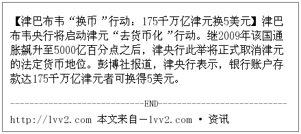 【津巴布韦“换币”行动：175千万亿津元换5美元】津巴布韦央行将启动津元“去货币化”行动。继2009年该国通胀飙升至5000亿百分点之后，津央行此举将正式取消津元的法定货币地位。彭 lvv2.com/t/257659/