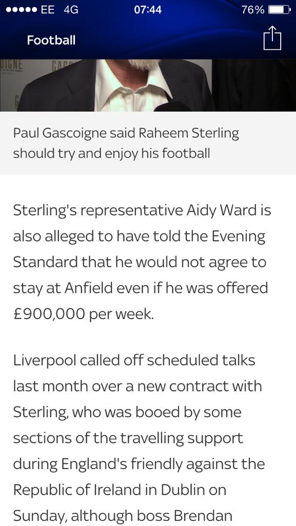 Joshgloveroo's tweet photo. Sterling wouldn't take £900,000 a week?????? http://t.co/JKht1uClvt