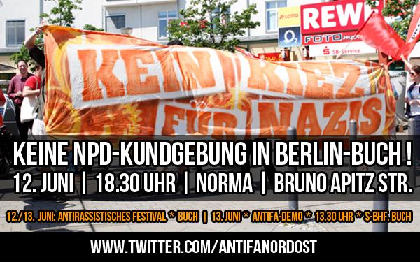 antifanordost's tweet photo. RT! Heute #NPD-Kundgebung gegen antira Festival 18.30h in #BerlinBuch. Anreise 15.40h S-Pankow http://t.co/F7wpfMHK4c http://t.co/h90E8MSZ4B