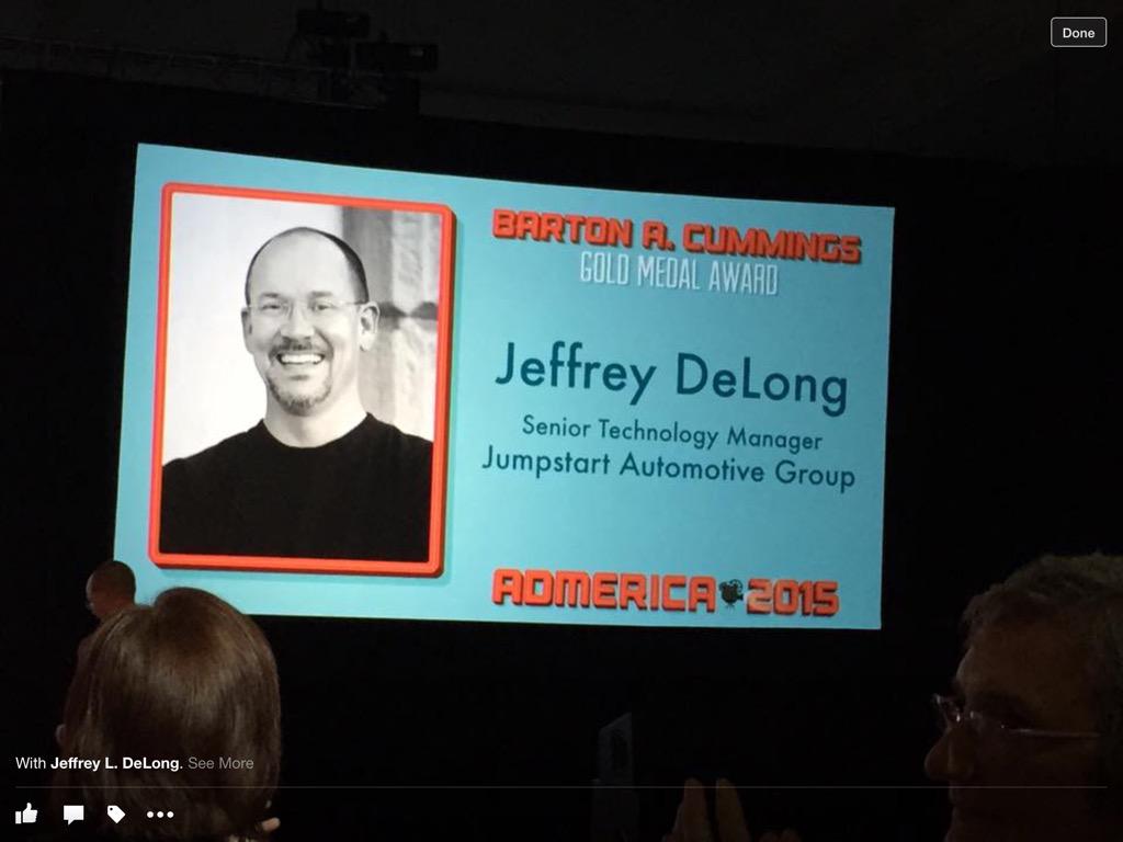 aaf_nebraska's tweet photo. Congratulations to Jeffrey DeLong #ADDYMan awarded the Barton A. Cummings Gold Medal Award @AAFNational #ADMERICA15. http://t.co/YxP5fYpODV