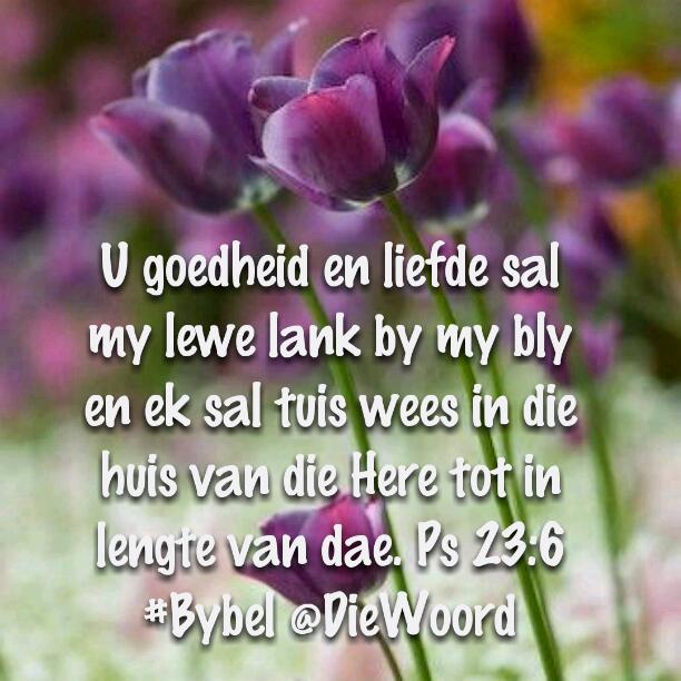 U goedheid &amp; liefde sal my lewe lank by my bly &amp; ek sal tuis wees indie huis vandie Here tot in lengte van dae.Ps23:6