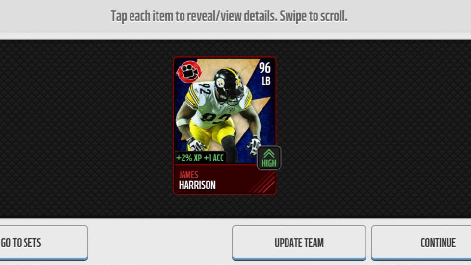 gilbertcastro94's tweet photo. @EAMaddenMobile #MaddenMobile And we ended with another Flashback Player James Harrison EA is giving me some love! http://t.co/6JRRC0xaDi