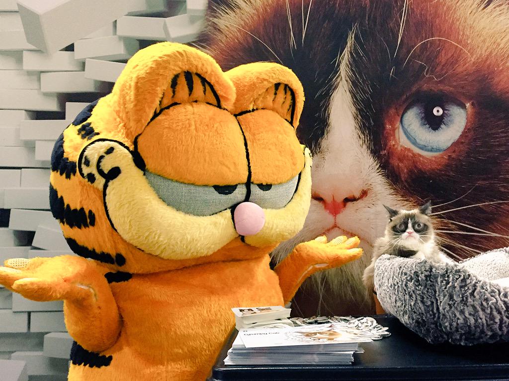 RealGrumpyCat's tweet photo. .@Garfield creator Jim Davis meets Grumpy Cat http://t.co/h1G5e4i8Lc @mashable @licensingexpo #Licensing15 http://t.co/HP6zM01HIQ