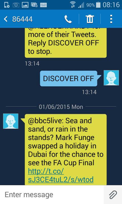 moragdonkin's tweet photo. @twitter DISCOVER OFF!!! is this a scam or just harassment from yourselves? Please stop texting me http://t.co/PwUkLRjulG