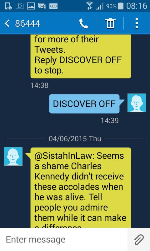 moragdonkin's tweet photo. @twitter DISCOVER OFF!!! is this a scam or just harassment from yourselves? Please stop texting me http://t.co/PwUkLRjulG